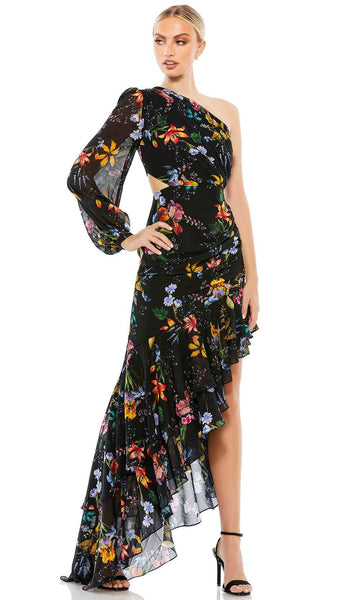 Mermaid Bishop Sleeves Ruched Cutout Gathered Sheer Asymmetric Natural Waistline Chiffon Ruffle Trim High-Low-Hem Floral Print Evening Dress