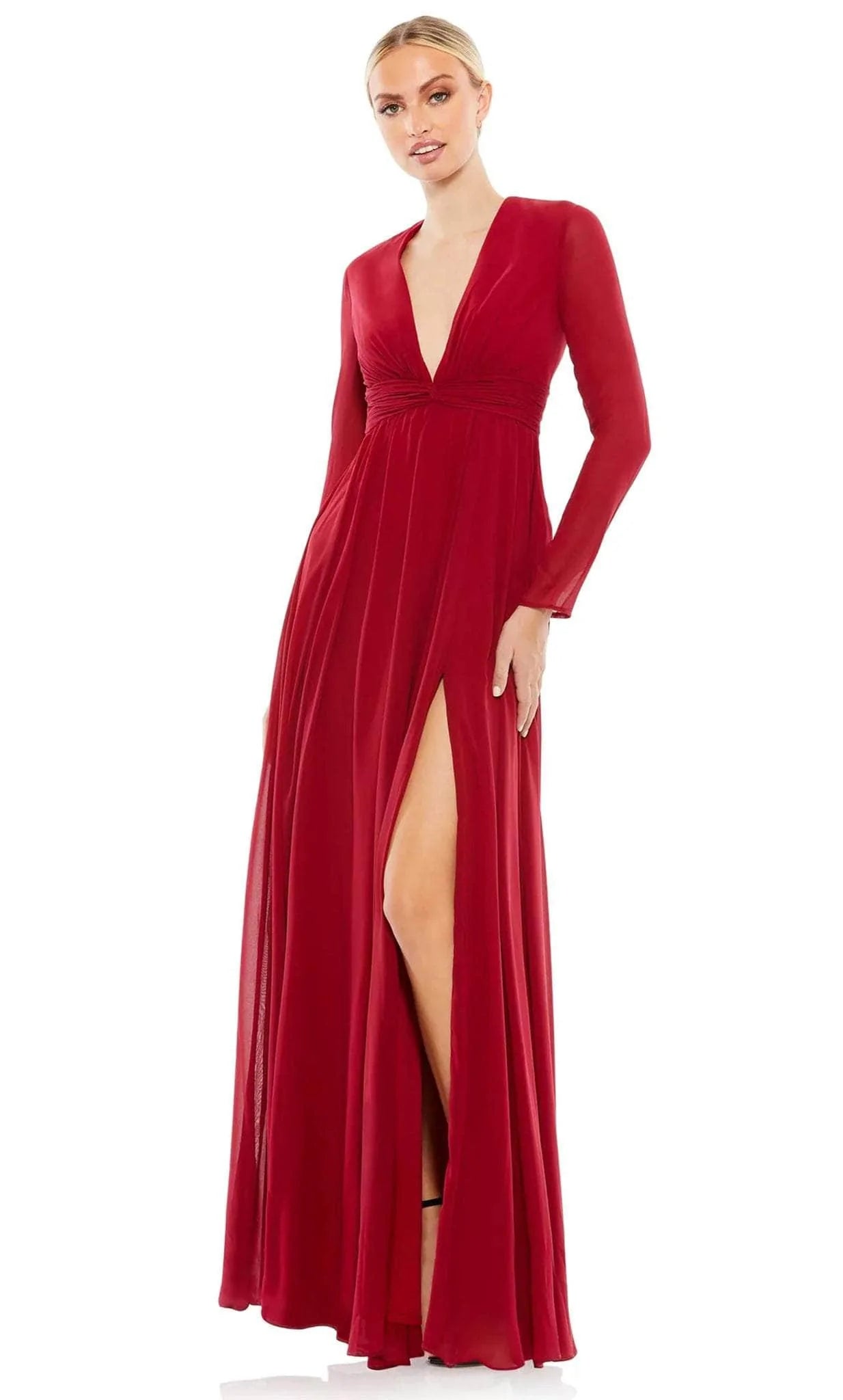 Modest A-line V-neck Slit Ruched Back Zipper Floor Length Empire Waistline Long Sleeves Dress With a Sash