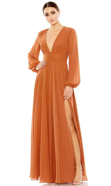 Sexy A-line V-neck Semi Sheer Back Zipper Slit Chiffon Natural Waistline Bishop Sleeves Evening Dress with a Brush/Sweep Train