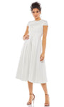 A-line Short Sleeves Sleeves Natural Waistline Back Zipper Jeweled Pleated Beaded Jeweled Neck Tea Length Party Dress