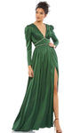 A-line V-neck Trim Pleated Slit Back Zipper Gathered Long Puff Sleeves Sleeves Satin Floor Length Empire Waistline Evening Dress With Rhinestones