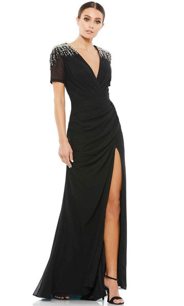 V-neck Floor Length Ruched Mesh Beaded Slit Gathered Hidden Back Zipper Sequined Sheer Polyester Plunging Neck Short Sleeves Sleeves Natural Waistline Sheath Sheath Dress