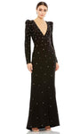 Tall V-neck Long Puff Sleeves Sleeves Sheath Empire Waistline Floor Length Back Zipper Beaded Applique Sheath Dress/Evening Dress With Rhinestones