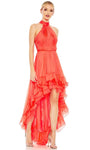 A-line Ruffle Trim Natural Waistline Halter High-Low-Hem Ruched Back Zipper Goddess Racerback Sleeveless Prom Dress