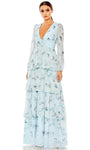 A-line V-neck Floral Print Tiered Back Zipper Empire Waistline Plunging Neck Long Sleeves Prom Dress With Ruffles