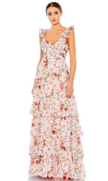 Sophisticated A-line V-neck Floral Print Corset Natural Waistline Sleeveless Spaghetti Strap Ruched Back Zipper Tiered Floor Length Evening Dress With Ruffles