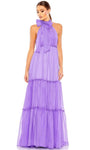 A-line Sleeveless Halter Natural Waistline Tiered Ruched Back Zipper Applique Racerback Sheer Floor Length Evening Dress With a Bow(s) and Ruffles