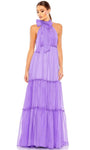 A-line Floor Length Back Zipper Racerback Ruched Sheer Applique Tiered Halter Natural Waistline Sleeveless Evening Dress With a Bow(s) and Ruffles