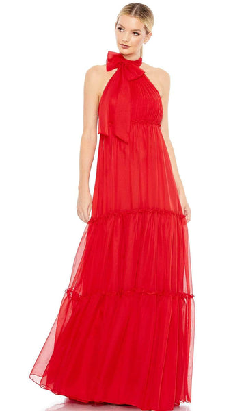 A-line Halter Floor Length Natural Waistline Sleeveless Applique Ruched Racerback Back Zipper Sheer Tiered Evening Dress With a Bow(s) and Ruffles