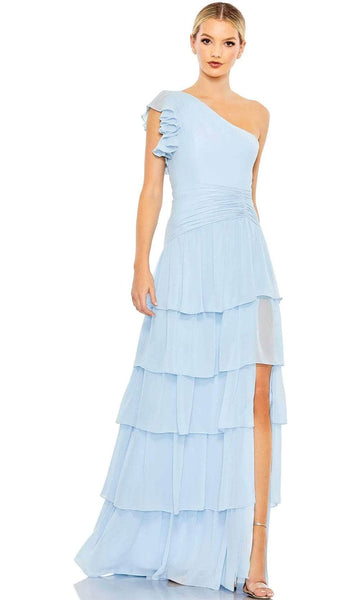 A-line Chiffon Cap Sleeves One Shoulder Tiered Slit Ruched Back Zipper Asymmetric Natural Waistline Evening Dress With Ruffles