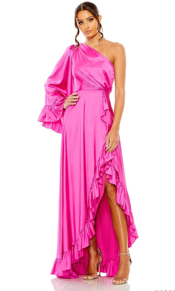 A-line Bell Sleeves Back Zipper Gathered Open-Back Slit Asymmetric Pleated Draped Ruffle Trim Natural Waistline High-Low-Hem Evening Dress with a Brush/Sweep Train