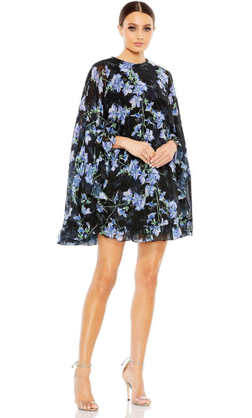 A-line Floral Print High-Neck Cocktail Short Natural Waistline Dress With Ruffles