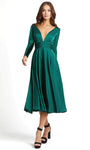 A-line V-neck Plunging Neck Pleated Back Zipper Long Sleeves Tea Length Elasticized Natural Waistline Dress