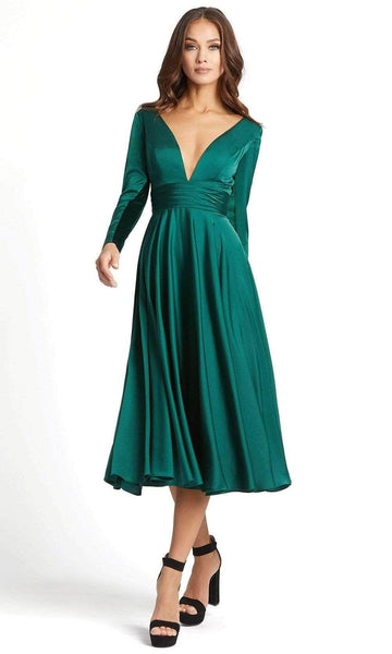 A-line V-neck Plunging Neck Tea Length Back Zipper Pleated Long Sleeves Elasticized Natural Waistline Dress