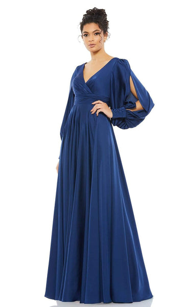A-line V-neck Ruched Wrap Back Zipper Bishop Sleeves Empire Waistline Mother-of-the-Bride Dress with a Brush/Sweep Train