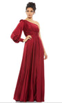 A-line Flutter Sleeves One Shoulder Asymmetric Shirred Ruched Satin Natural Waistline Dress with a Brush/Sweep Train