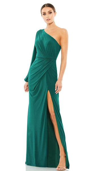 Natural Waistline Sheath Long Sleeves One Shoulder Draped Asymmetric Back Zipper Open-Back Slit Sheath Dress with a Brush/Sweep Train