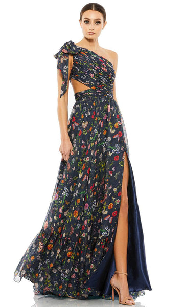 A-line One Shoulder Natural Waistline Floral Print Cutout Applique Ruched Asymmetric Slit Prom Dress With a Bow(s)