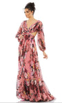 67946 Floral Printed Ruched A line Gown