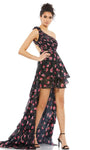 A-line High-Low-Hem Short Cutout Back Zipper Open-Back Tiered Asymmetric Ruched One Shoulder Sleeveless Natural Waistline Floral Print Party Dress with a Brush/Sweep Train