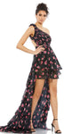 A-line Natural Waistline One Shoulder Sleeveless Open-Back Asymmetric Cutout Ruched Back Zipper Tiered Floral Print High-Low-Hem Short Party Dress with a Brush/Sweep Train