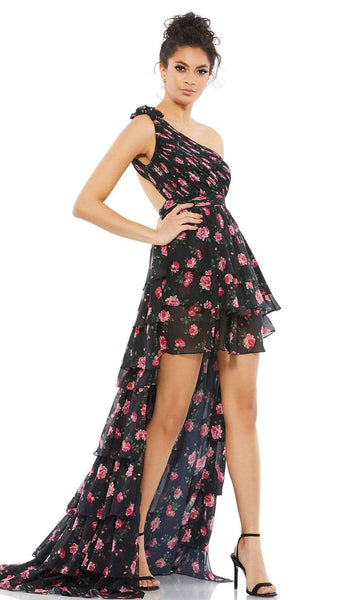A-line Cutout Open-Back Ruched Asymmetric Tiered Back Zipper One Shoulder Sleeveless Floral Print High-Low-Hem Short Natural Waistline Party Dress with a Brush/Sweep Train