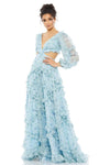 A-line V-neck Floor Length Plunging Neck Natural Waistline Bishop Sleeves Floral Print Tiered Cutout Flowy Open-Back Ruched Dress with a Brush/Sweep Train With Ruffles