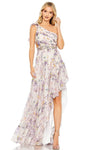 A-line Beaded Open-Back Lace-Up Asymmetric Back Zipper High-Low-Hem One Shoulder Sleeveless Natural Waistline Floral Print Dress With Ruffles