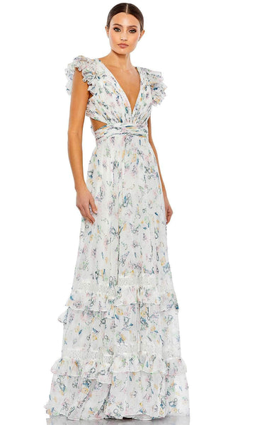 A-line V-neck Floral Print Gathered Tiered Cutout Ruched Fitted Open-Back Plunging Neck Floor Length Natural Waistline Sleeveless Dress With a Ribbon and Ruffles