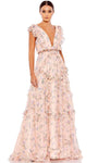 A-line V-neck Natural Waistline Floral Print Belted Open-Back V Back Wrap Beaded Back Zipper Floor Length Cap Sleeves Ruffle Trim Plunging Neck Evening Dress with a Brush/Sweep Train