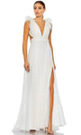 A-line V-neck Plunging Neck Natural Waistline Sleeveless Slit Lace-Up Vintage Open-Back Sheer Pleated Back Zipper Evening Dress with a Brush/Sweep Train