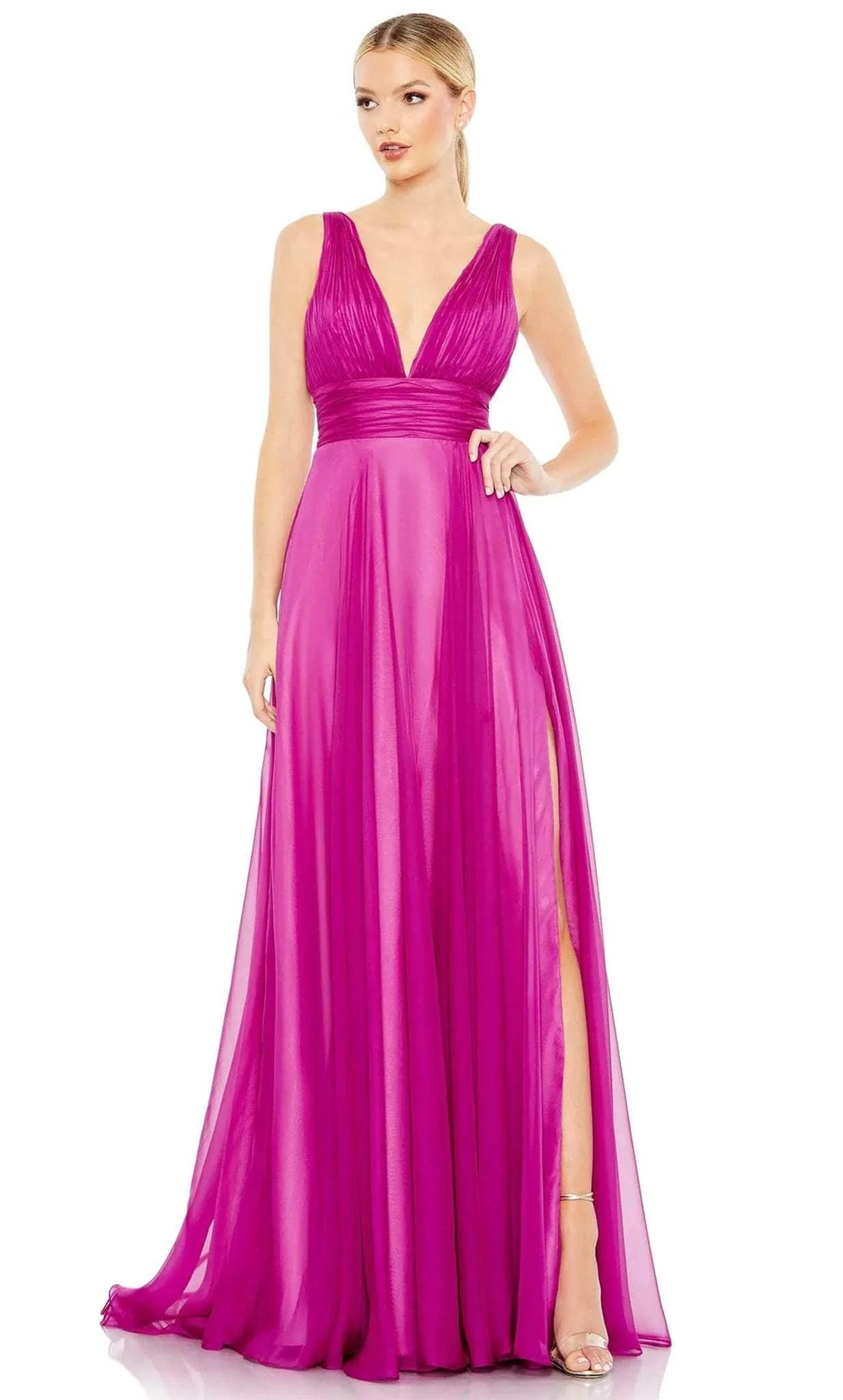 Sexy A-line V-neck Natural Waistline Back Zipper V Back Ruched Floor Length Chiffon Sleeveless Bridesmaid Dress