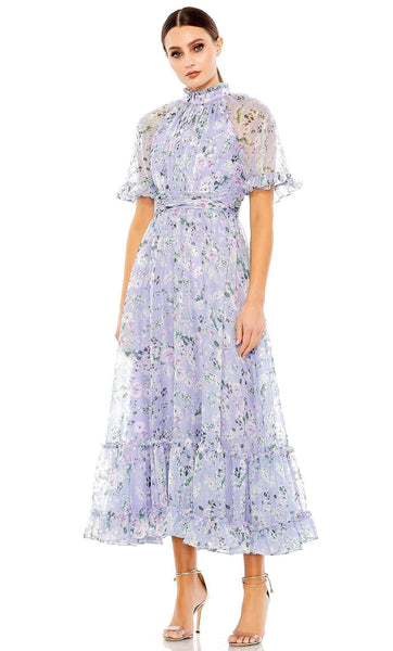 A-line Banding Back Zipper Ruched Tiered Natural Waistline Short Sleeves Sleeves Floral Print Tea Length High-Neck Evening Dress With Ruffles