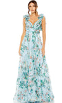 Sophisticated A-line Cap Sleeves Floral Print Basque Waistline Sweetheart Pleated Tiered Back Zipper Lace-Up Floor Length Dress With Ruffles