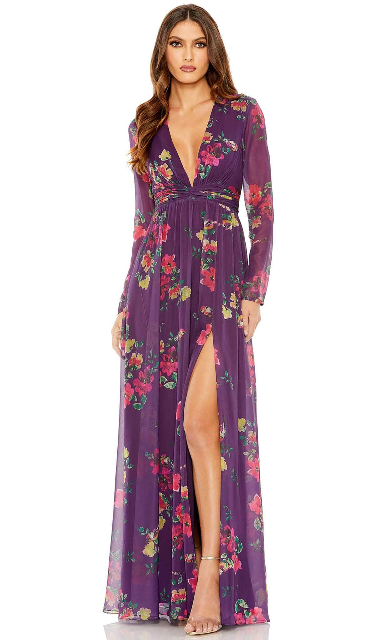 Ieena Duggal 68558 - Long Sleeve Plunging Neck Long Dress
