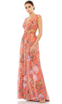 A-line V-neck Pleated Cutout Natural Waistline Floral Print Cap Sleeves Plunging Neck Floor Length Dress