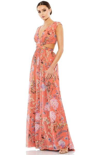 A-line V-neck Floor Length Natural Waistline Pleated Cutout Cap Sleeves Floral Print Plunging Neck Dress
