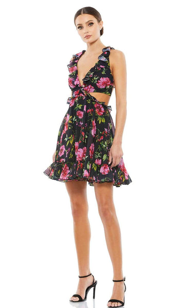 Sexy A-line V-neck Plunging Neck Floral Print Short Natural Waistline Flowy Lace-Up Open-Back Cutout Sleeveless Dress With Ruffles