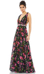 A-line V-neck Floor Length Natural Waistline Sleeveless Open-Back Applique Flowy Chiffon Floral Print Halter Plunging Neck Dress with a Brush/Sweep Train With Ruffles