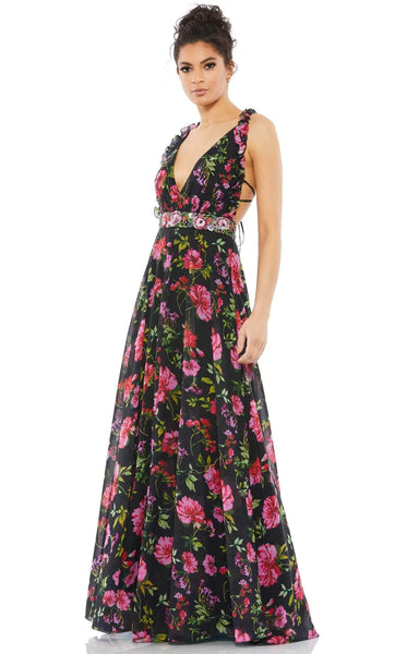 A-line V-neck Sleeveless Natural Waistline Floor Length Chiffon Halter Plunging Neck Floral Print Open-Back Flowy Applique Dress with a Brush/Sweep Train With Ruffles