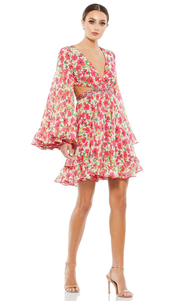 A-line V-neck Back Zipper Embroidered Cutout Bell Long Sleeves Chiffon Plunging Neck Natural Waistline Floral Print Summer Short Dress With Ruffles