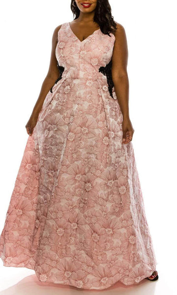 A-line V-neck Floor Length V Back Back Zipper Sleeveless Floral Print Natural Waistline Evening Dress
