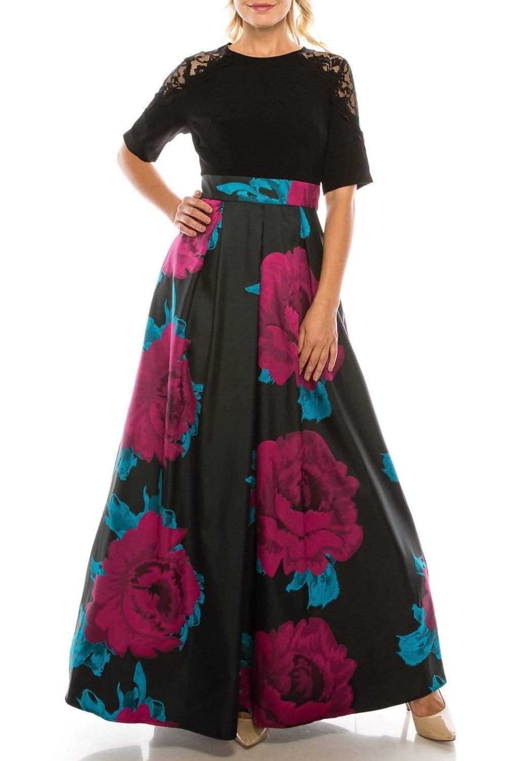 Ignite Evenings - IG3874 Lace Jewel Neck Floral Print A-line Gown