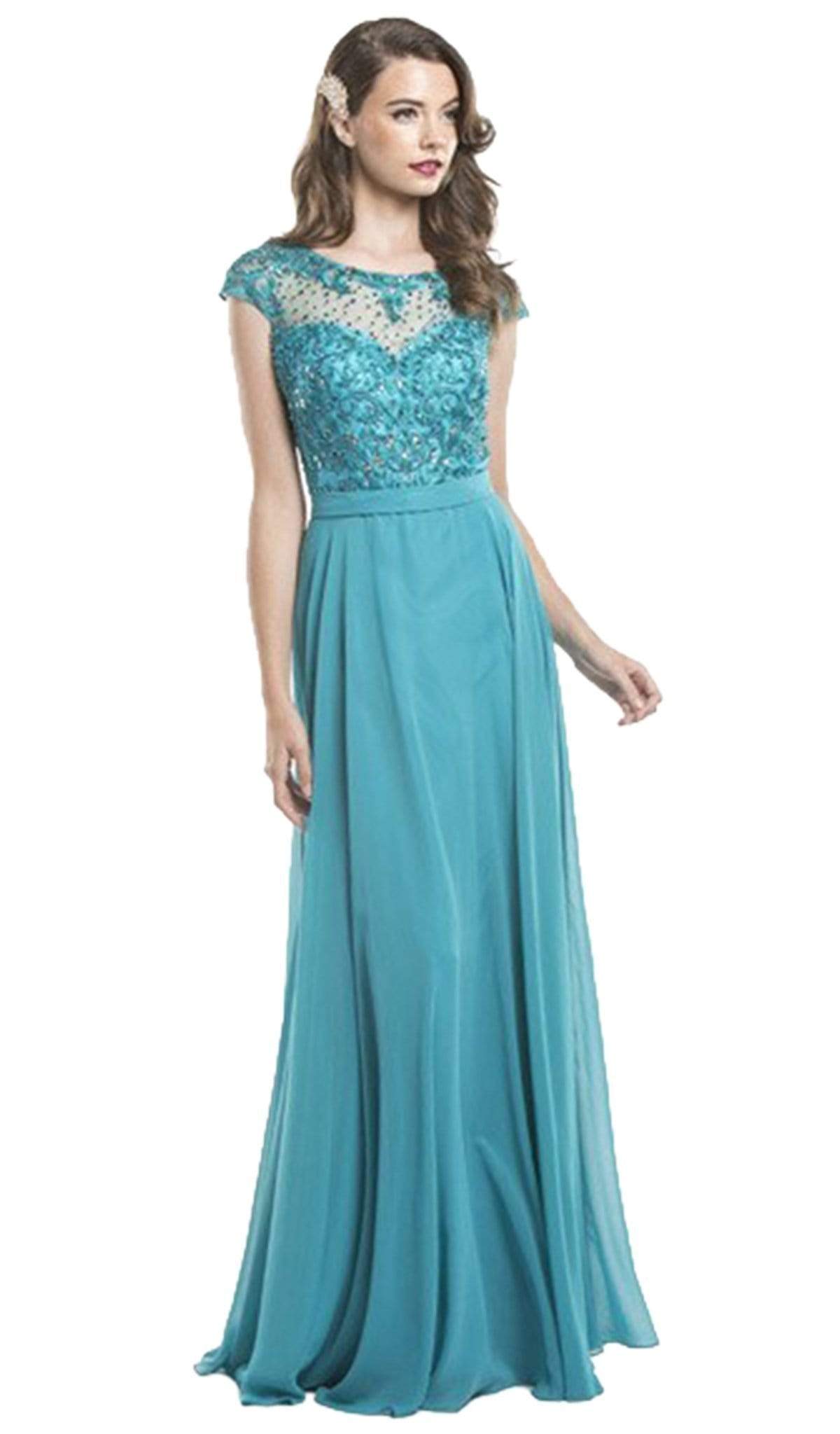 Aspeed Design - Illusion Embroidered Long Formal Teal Dress

