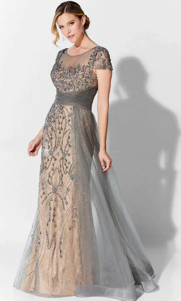 Fitted Wrap Sheer Keyhole Beaded Illusion Back Zipper Natural Waistline Fit-and-Flare Mermaid General Print Floor Length Bateau Neck Short Sleeves Sleeves Mother-of-the-Bride Dress with a Brush/Sweep 