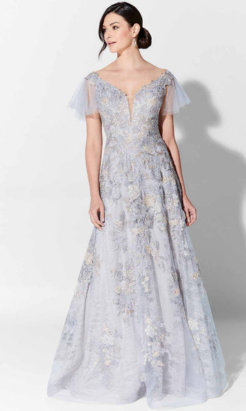 A-line V-neck Floral Print Natural Waistline Notched Collar Plunging Neck Portrait Neck Back Zipper Embroidered Flutter Short Sleeves Sleeves Mother-of-the-Bride Dress with a Brush/Sweep Train