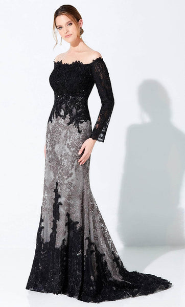 Open-Back Embroidered Beaded Back Zipper Lace Natural Waistline Long Sleeves Off the Shoulder Two-Toned Print Mermaid Floor Length Prom Dress with a Brush/Sweep Train