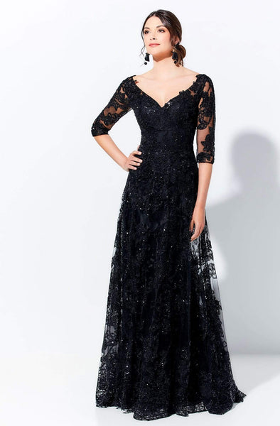 A-line V-neck Floor Length 3/4 Sleeves Natural Waistline Pleated Sequined Back Zipper Fitted Sheer V Back Evening Dress/Mother-of-the-Bride Dress with a Brush/Sweep Train