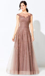 A-line Strapless Bateau Neck Sweetheart Floor Length Cap Sleeves Ruched Sequined Embroidered Illusion Dropped Waistline Dress with a Brush/Sweep Train