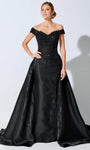 A-line Off the Shoulder Floor Length Lace Natural Waistline Slit Fitted Open-Back Back Zipper Evening Dress